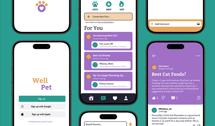 An image of different screens showcasing 'WellPet', a pet management app, I designed.